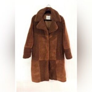 Lucky Brand patchwork teddy fleece long coat, 
brown/pecan color.    size XS
